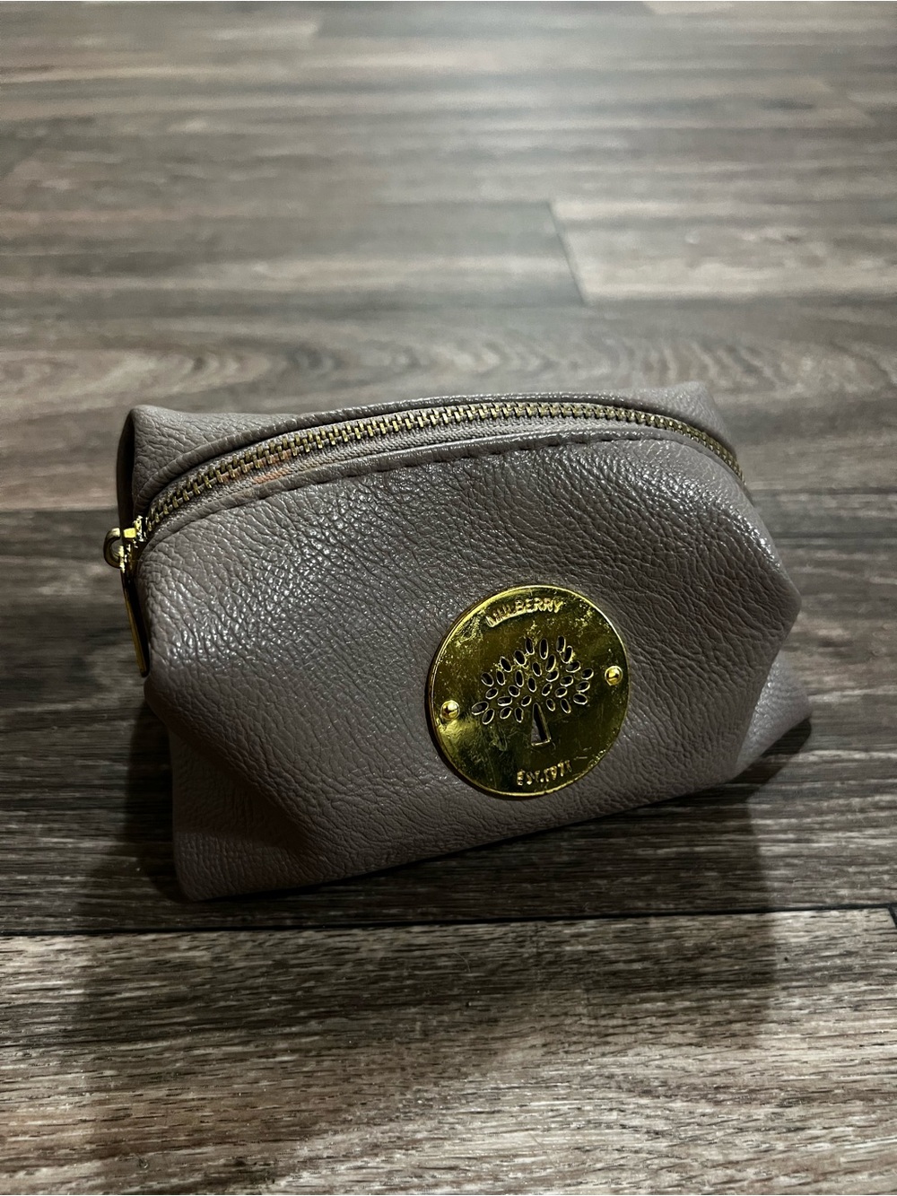 Mulberry Pebbled Leather Cosmetic Pouch in Taupe Gray with Gold Logo